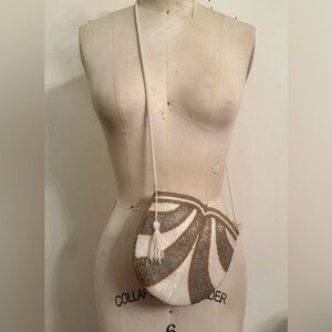 Vintage Gold white silver beaded evening bag clutch art deco handmade tassel